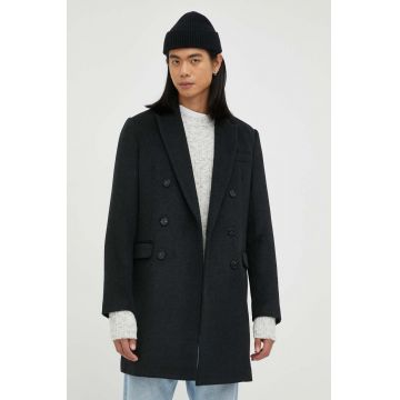 Bruuns Bazaar palton din lana culoarea negru, de tranzitie, cu doua randuri de nasturi