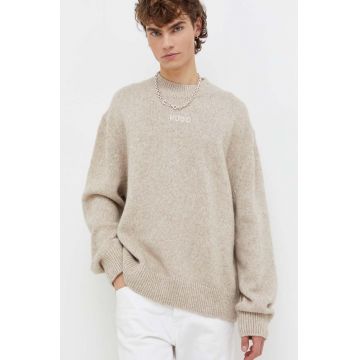 HUGO pulover de lana barbati, culoarea bej, călduros