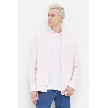 Tommy Jeans cămașă din bumbac bărbați, culoarea roz, cu guler button-down, regular DM0DM18335