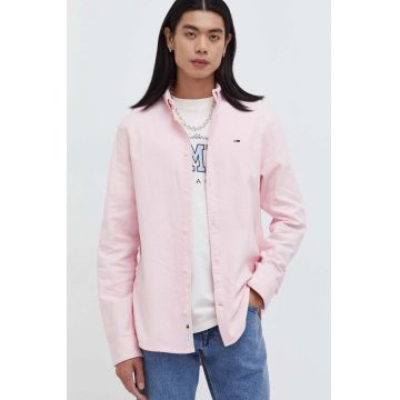 Tommy Jeans cămașă din bumbac bărbați, culoarea roz, cu guler button-down, regular DM0DM18329