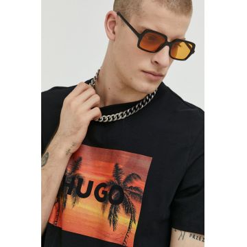 HUGO tricou din bumbac culoarea negru, cu imprimeu