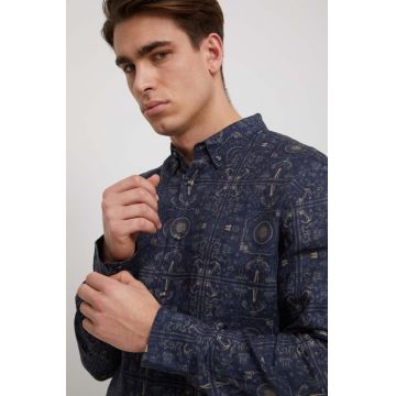 Medicine cămașă de in culoarea bleumarin, cu guler button-down, regular