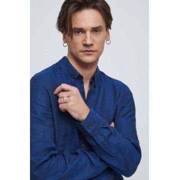 Medicine cămașă de in culoarea bleumarin, cu guler button-down, slim