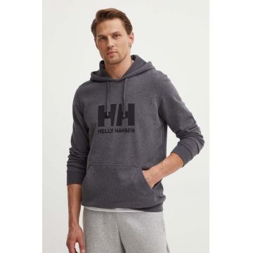 Helly Hansen hanorac de bumbac HH LOGO HOODIE bărbați, culoarea gri, cu glugă, cu imprimeu  33977