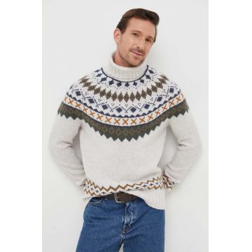 Barbour pulover de lână Roose Fair Isle Rollneck bărbați, culoarea gri, cu guler MKN1492