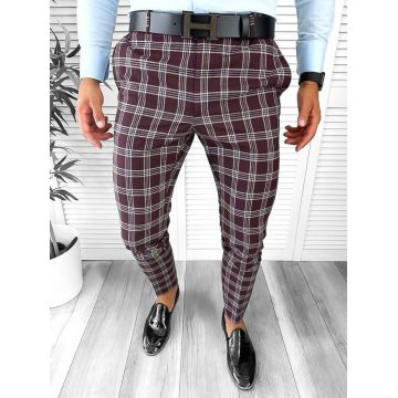 Pantaloni barbati eleganti grena in carouri B1626 F7-5