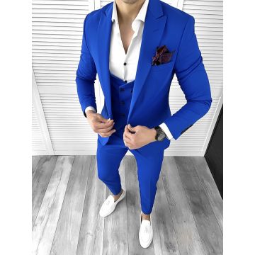 Costum barbati albastru slim fit in sacou + pantaloni + vesta 11706 P18-4.1