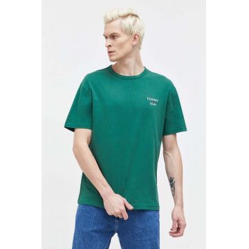 Tommy Jeans tricou din bumbac bărbați, culoarea verde, cu imprimeu DM0DM18872