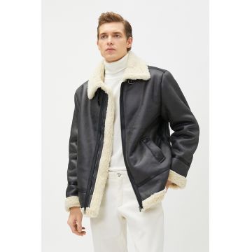 Haina scurta de blana shearling sintetica si piele ecologica