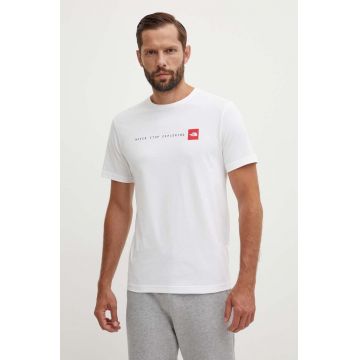 The North Face tricou din bumbac M S/S Never Stop Exploring Tee bărbați, culoarea alb, cu imprimeu, NF0A87NSFN41