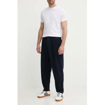 Universal Works pantaloni de catifea cord PLEATED TRACK PANT culoarea bleumarin, drept, 29519 29519