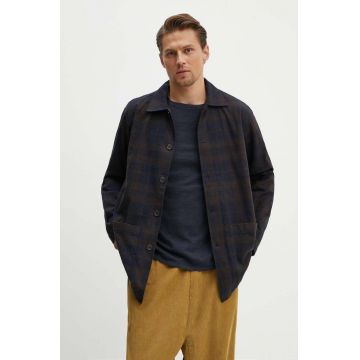 Universal Works cămașă din bumbac EASY OVER JACKET bărbați, culoarea bleumarin, cu guler italian, regular, 29923