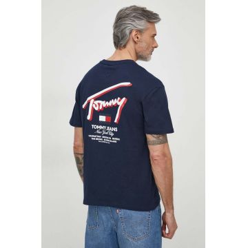 Tommy Jeans tricou din bumbac bărbați, culoarea bleumarin, cu imprimeu DM0DM18574