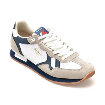 Pantofi sport PEPE JEANS albi, BRIT RETRO, din piele intoarsa