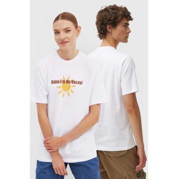 Drivemebikini tricou din bumbac On Vacay culoarea alb, cu imprimeu