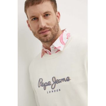 Pepe Jeans hanorac de bumbac SAUL CREW barbati, culoarea bej, cu imprimeu, PM582702