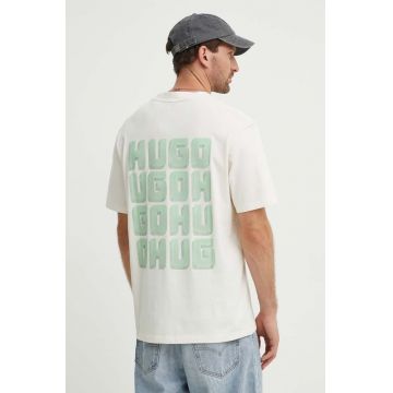 HUGO tricou din bumbac barbati, culoarea bej, cu imprimeu, 50519714