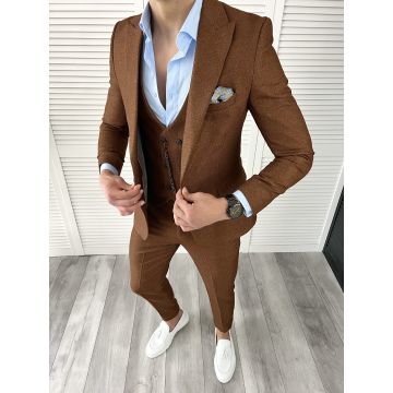 Costum barbati maro slim fit in sacou + pantaloni + vesta 11731 P18-5.2