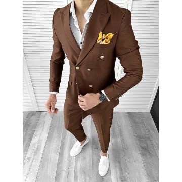 Costum barbati maro slim fit in sacou + pantaloni 11714 P19-3.1