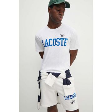 Lacoste tricou din bumbac barbati, culoarea alb, cu imprimeu