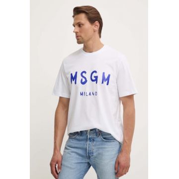 MSGM tricou din bumbac barbati, culoarea alb, cu imprimeu, 3440MM510.237002