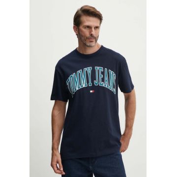 Tommy Jeans tricou din bumbac bărbați, culoarea bleumarin, cu imprimeu, DM0DM18558