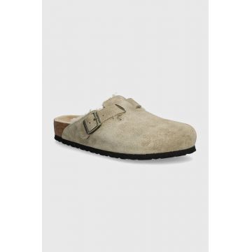 Birkenstock papuci Boston Shearling barbati, culoarea bej, 1028289