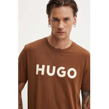 HUGO tricou din bumbac barbati, culoarea maro, cu imprimeu, 50467556