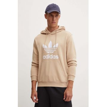 adidas Originals hanorac de bumbac barbati, culoarea bej, cu glugă, cu imprimeu, IZ2359