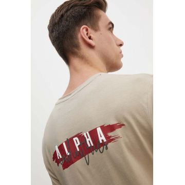 Alpha Industries tricou din bumbac barbati, culoarea bej, cu imprimeu, 148523