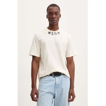 MSGM tricou din bumbac barbati, culoarea bej, cu imprimeu, 3740MM102.247798