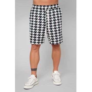 Pantaloni scurti cu imprimeu houndstooth si snur de ajustare in talie