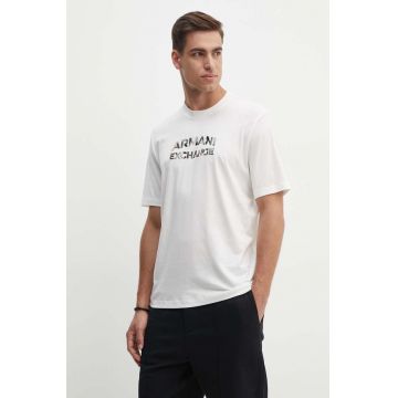 Armani Exchange tricou din bumbac barbati, culoarea bej, cu imprimeu, 6DZTHC ZJBYZ