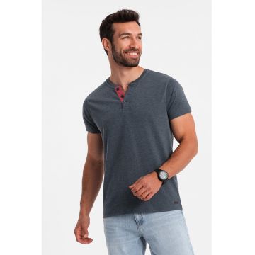 Tricou cu model uni si decolteu henley