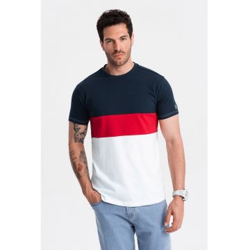 Tricou din bumbac cu model in dungi si decolteu la baza gatului