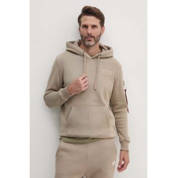 Alpha Industries bluza barbati, culoarea bej, cu glugă, cu imprimeu