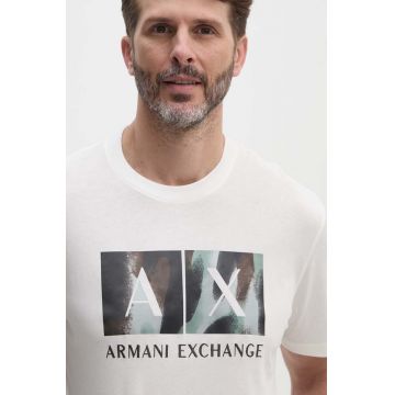 Armani Exchange tricou din bumbac barbati, culoarea alb, cu imprimeu, 6DZTHF ZJH4Z