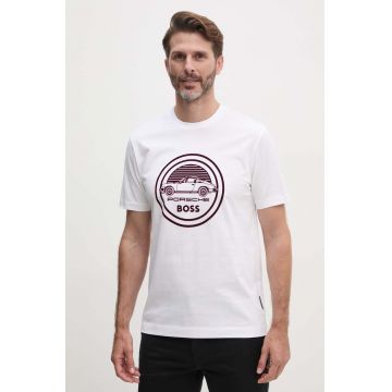 BOSS tricou din bumbac x Porsche barbati, culoarea alb, cu imprimeu, 50522795