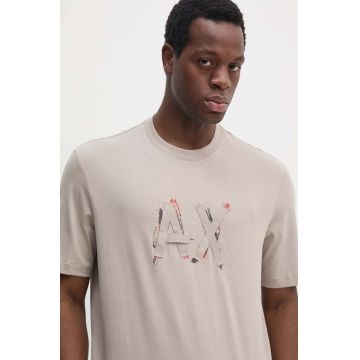 Armani Exchange tricou din bumbac barbati, culoarea bej, cu imprimeu, 6DZTHN ZJLFZ