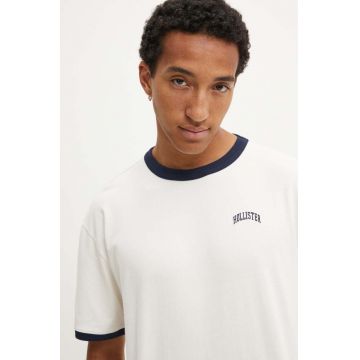 Hollister Co. tricou din bumbac barbati, culoarea bej, cu imprimeu, KI323-4041