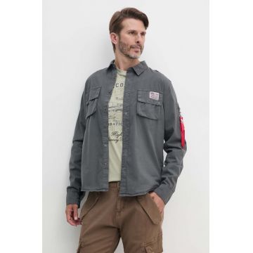 Alpha Industries camasa din bumbac barbati, culoarea gri, cu guler clasic, regular, 138420