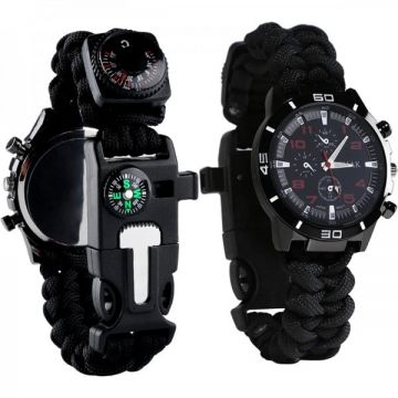 Ceas supravietuire militar multifunctional 6 in 1, paracord 3 metri, cremene foc, busola, fluier, termometru, lama, negru