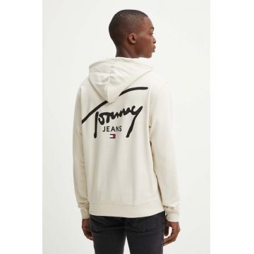 Tommy Jeans hanorac de bumbac barbati, culoarea bej, cu glugă, cu imprimeu, DM0DM19229