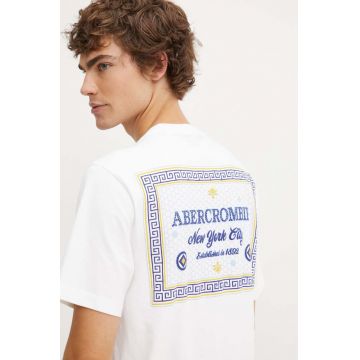 Abercrombie & Fitch tricou din bumbac barbati, culoarea alb, cu imprimeu