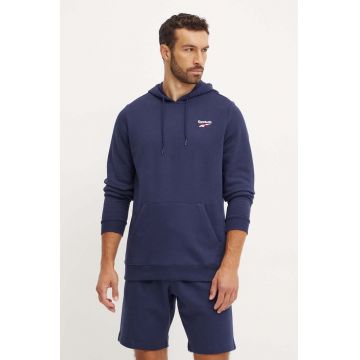 Reebok bluza barbati, culoarea albastru marin, cu glugă, cu imprimeu, 100202877