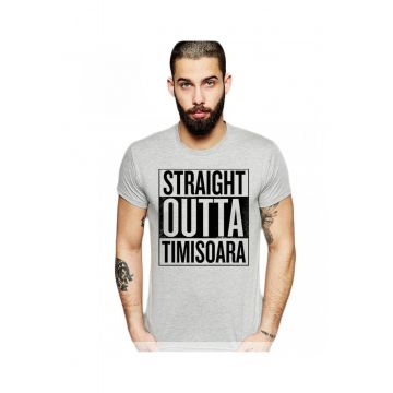 Tricou barbati gri cu text negru - Straight Outta Timisoara