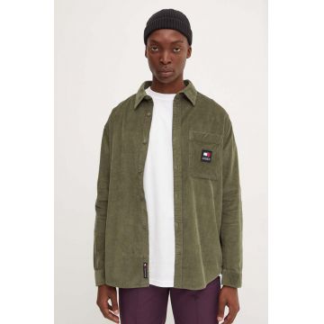 Tommy Jeans camasa din velur culoarea verde, cu guler clasic, relaxed, DM0DM19660