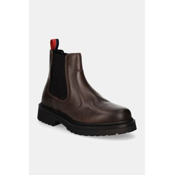 Tommy Jeans ghete chelsea de piele TJM CHELSEA BOOT barbati, culoarea maro, EM0EM01469