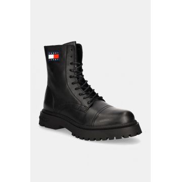 Tommy Jeans ghete de piele TJM LACE UP MID BOOT SMOOTH barbati, culoarea negru, EM0EM01471