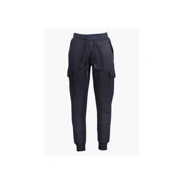 Pantaloni sport barbati cu bata elastica si design cu multe buzunare bleumarin inchis